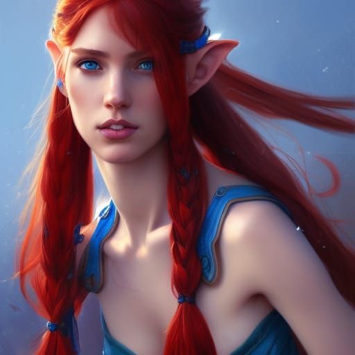 Elf Archer Portrait with Red Ponytail, Hyperdetailed Art