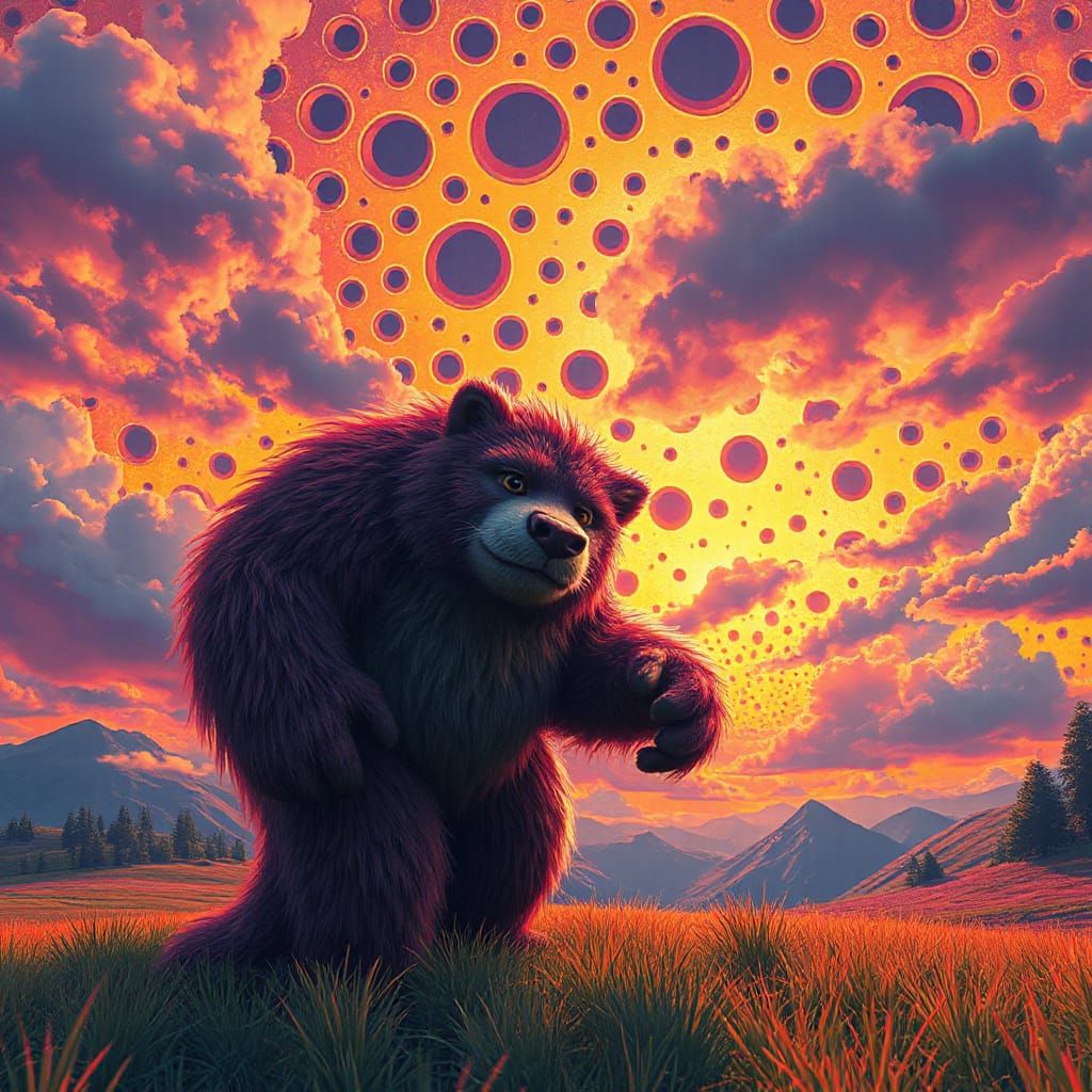 Furry Giant in Whimsical, Patterned Landscape