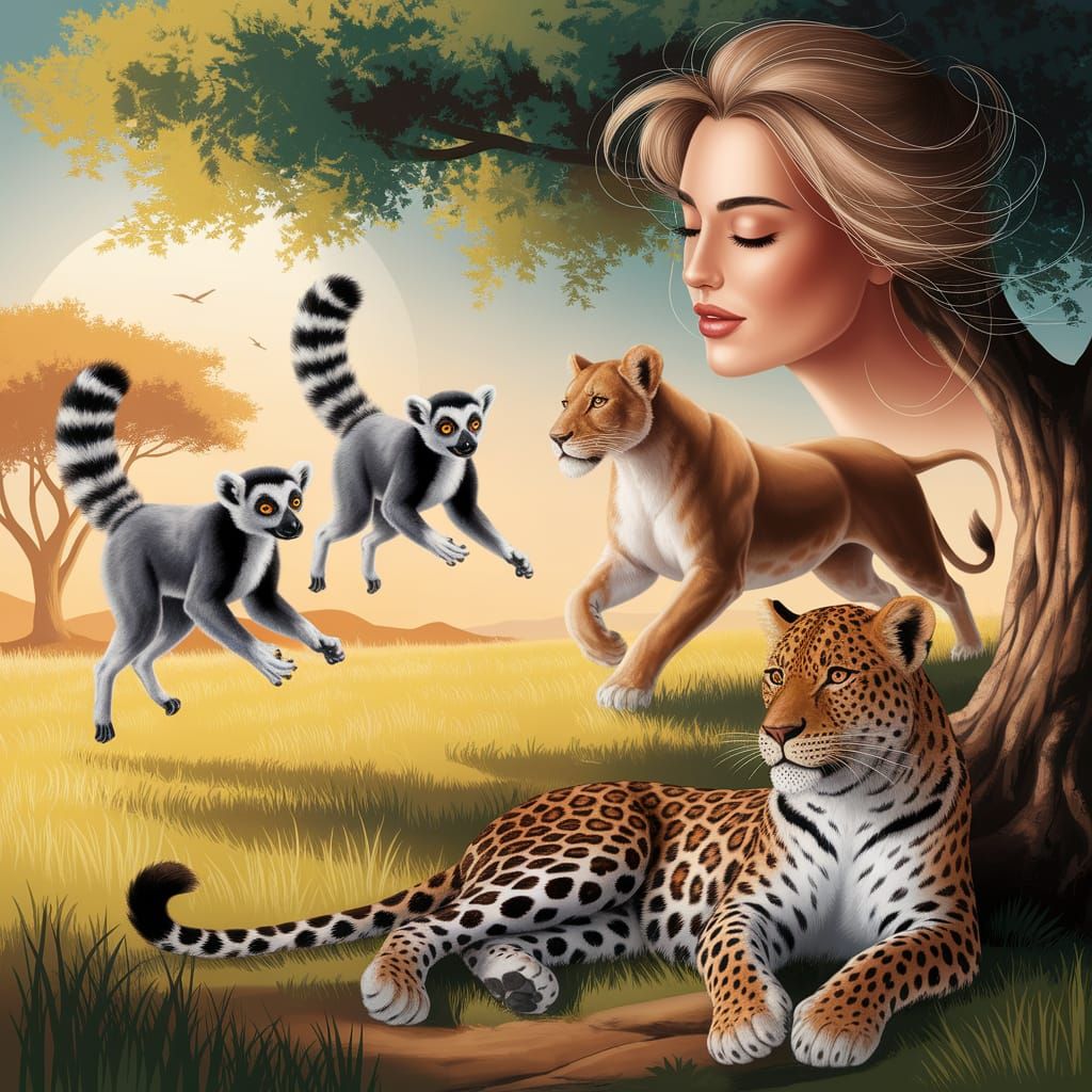 Savanna Animals with Floating Woman in Sunlight