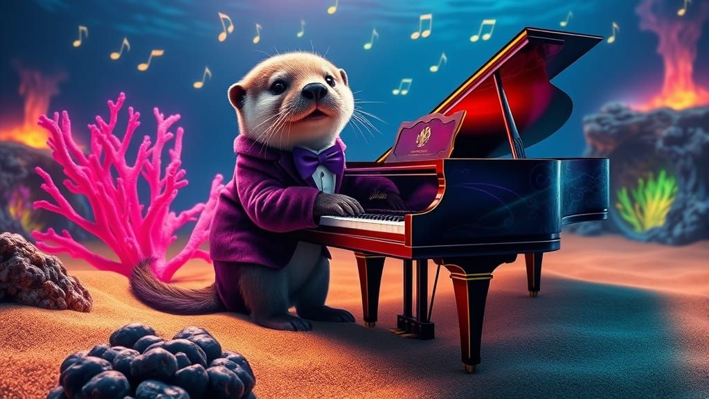Surreal Sea Otter Plays Rainbow Piano on Ocean Floor