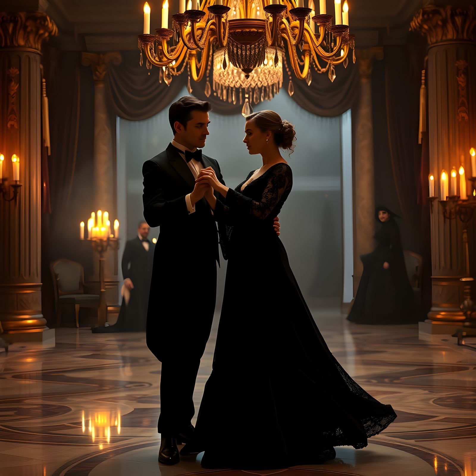 Elegant Gothic Ballroom Scene in Cinematic Photorealism