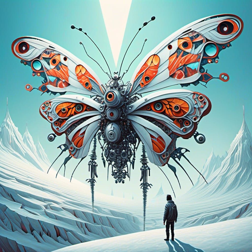 Man on Snowy Mountain with Mechanical Butterfly