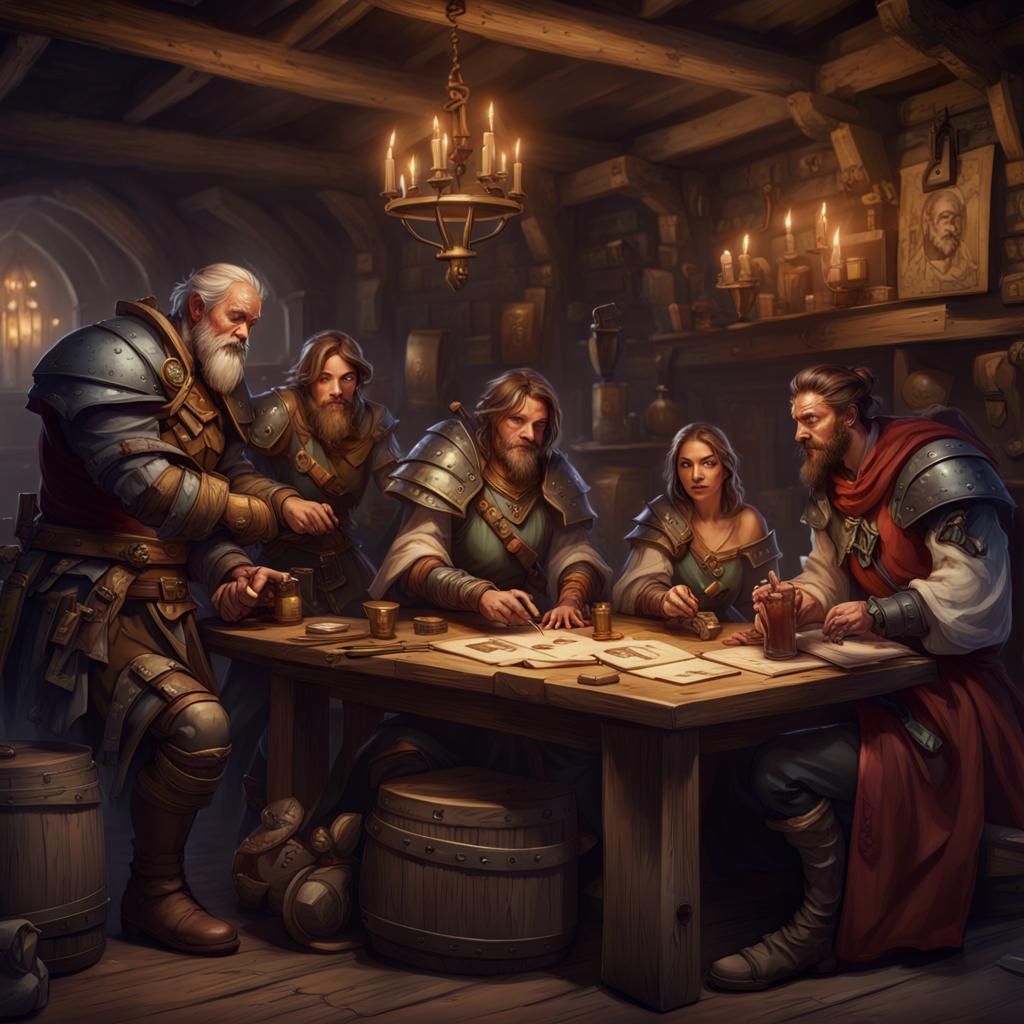DnD Characters Play Dungeons and Dragons in Tavern