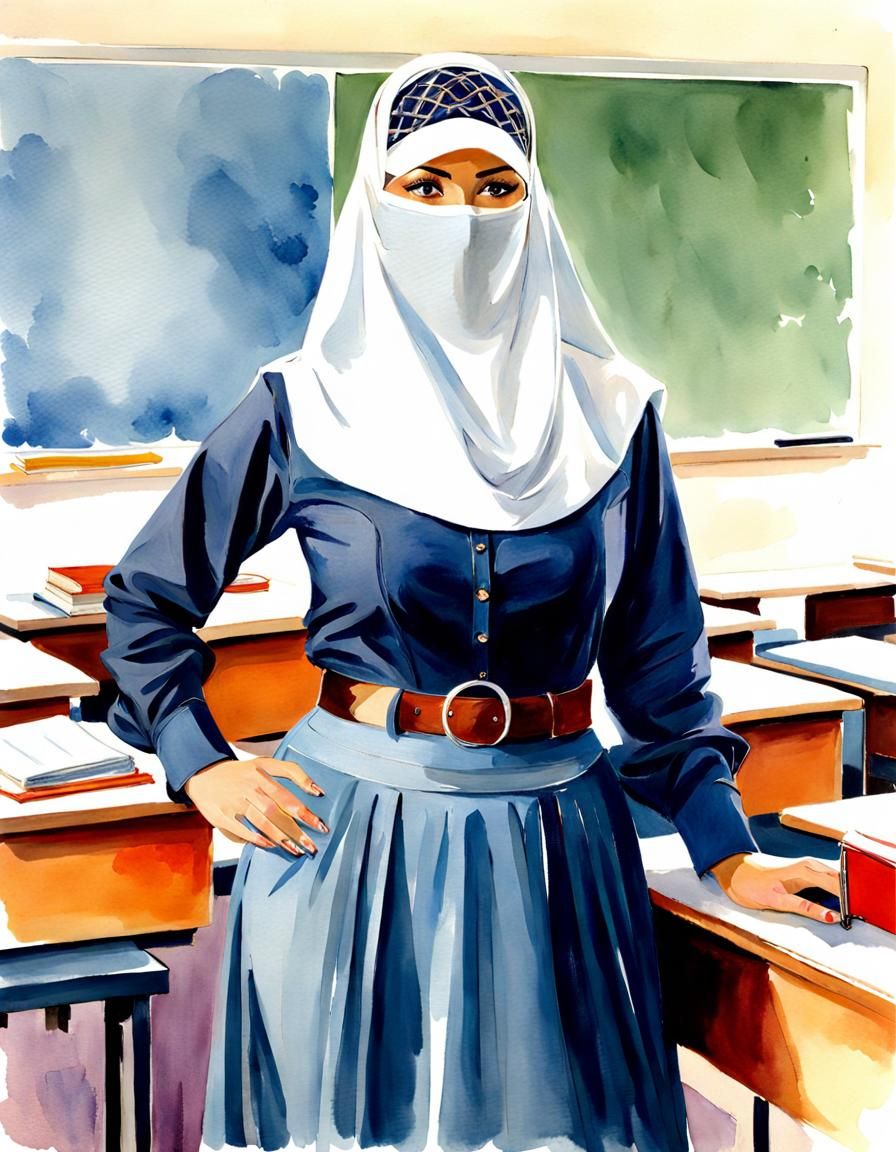 Niqabi Teacher Portrait in Watercolor Style