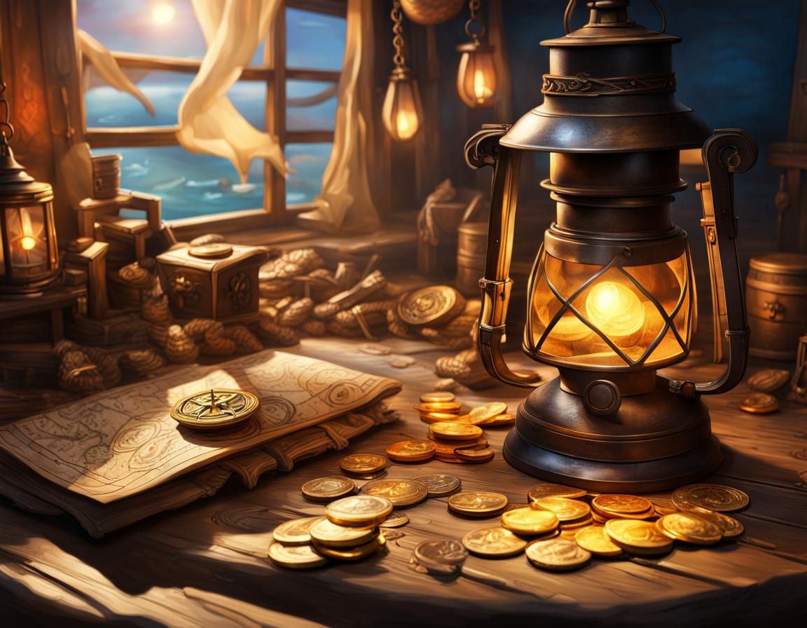 Hyperrealistic Pirate Cabin with Treasure Map