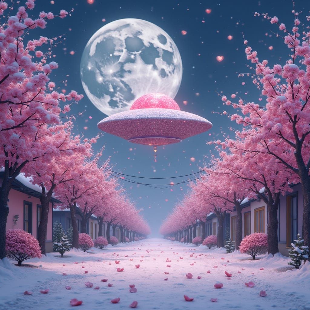 Dreamlike Diamond Moon Surrounded by Whimsical Sakura and Pi...