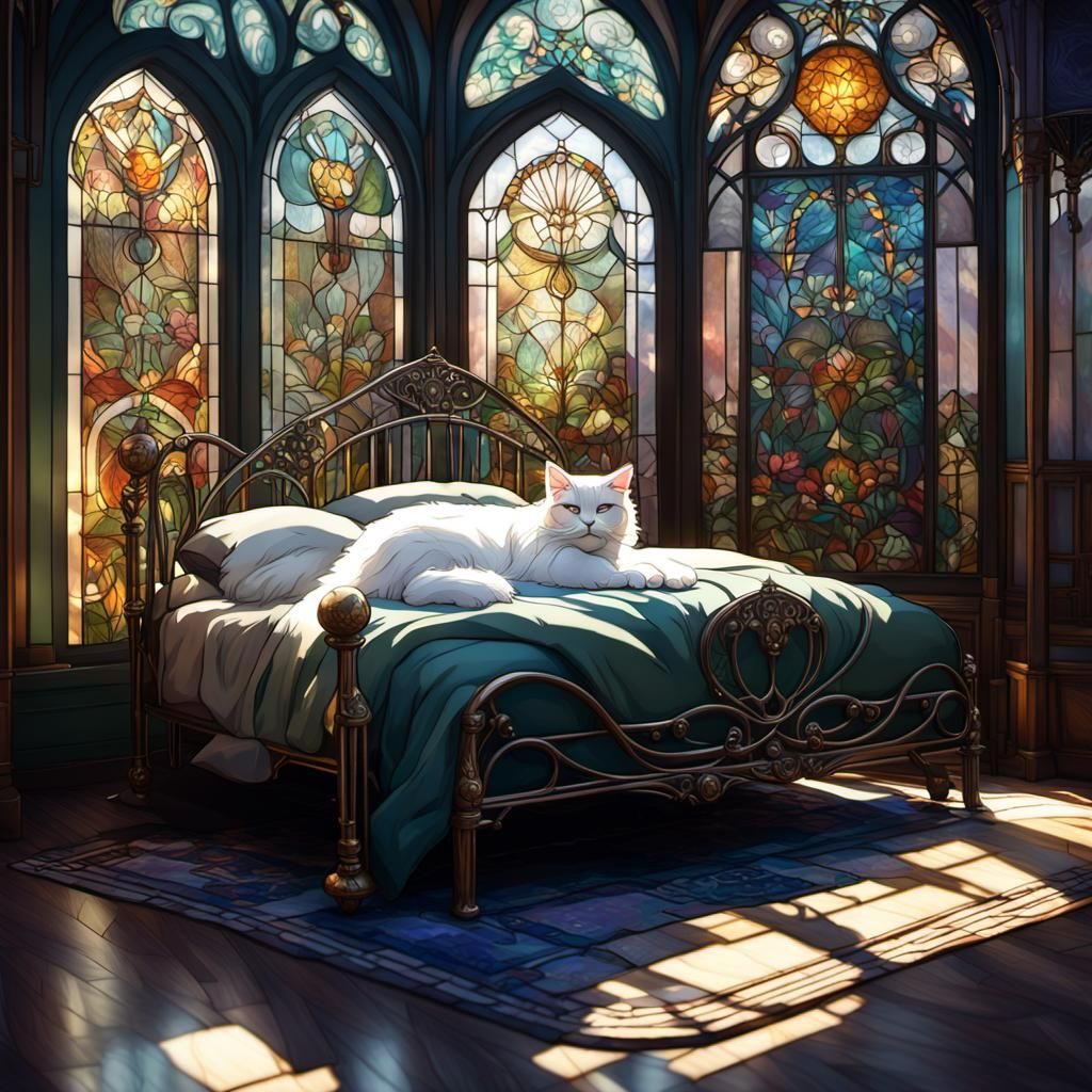 Art Nouveau Bedroom with Cat, Digital Portrait