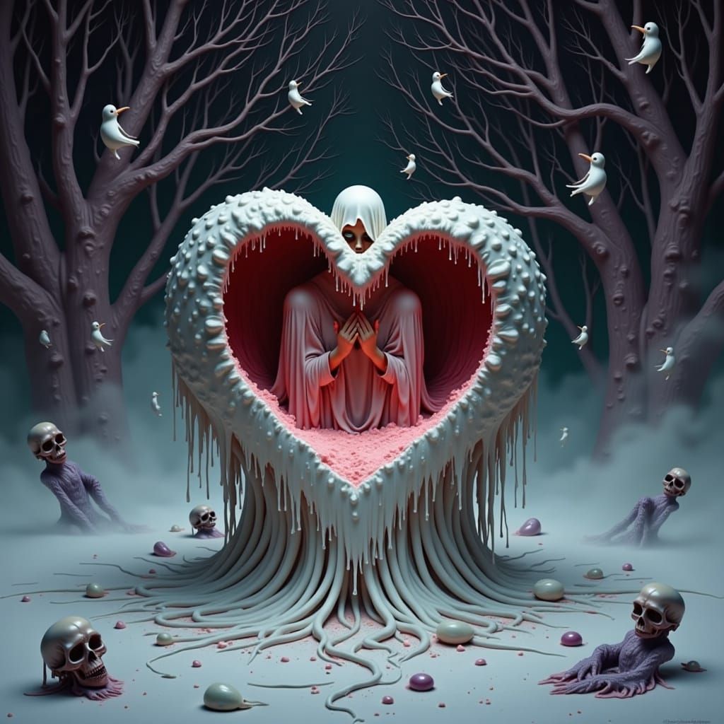 Melancholy Figure in Desolate Tomb, Eerie Atmosphere