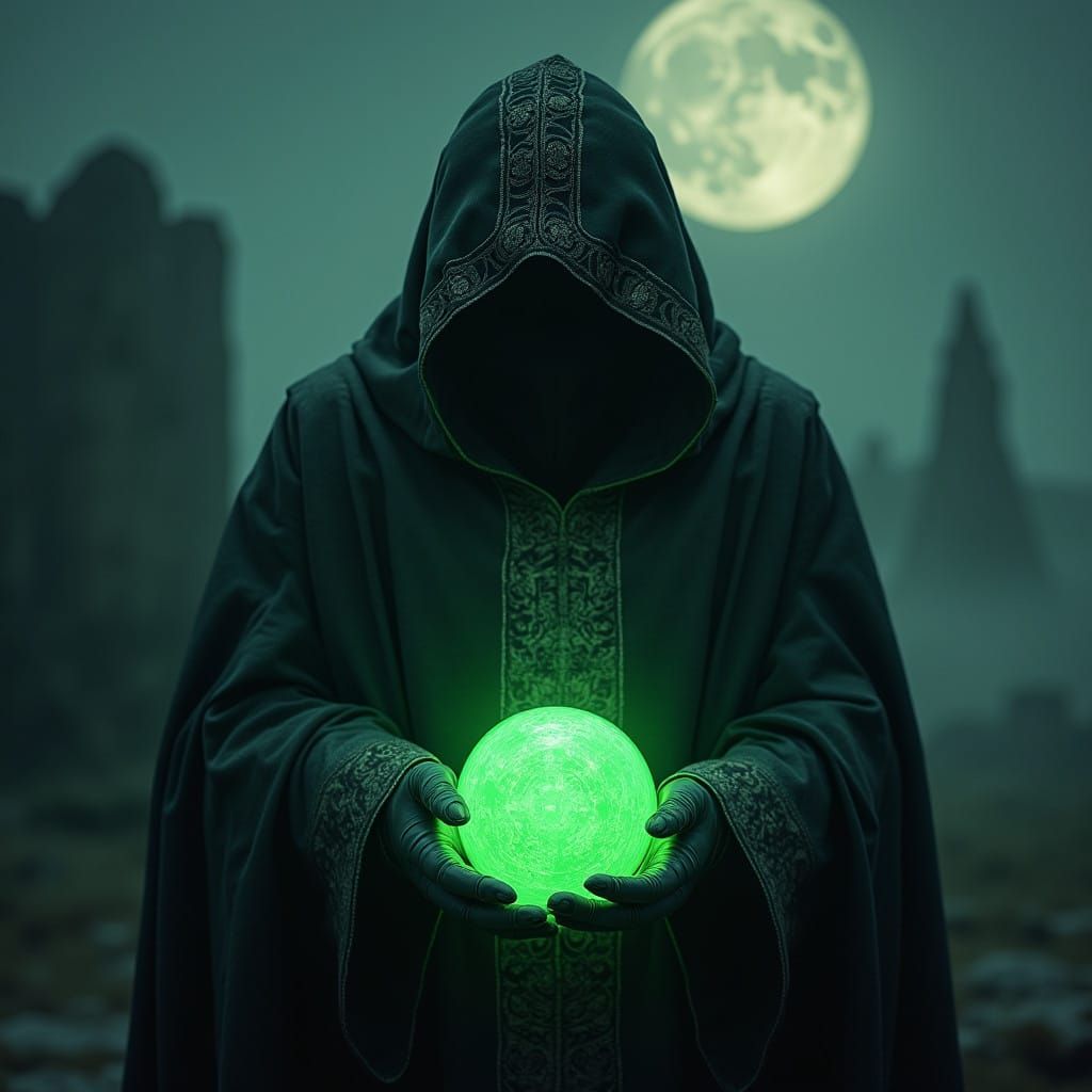 Mysterious Figure Cradles Glowing Green Orb in Dark, Moonlit...