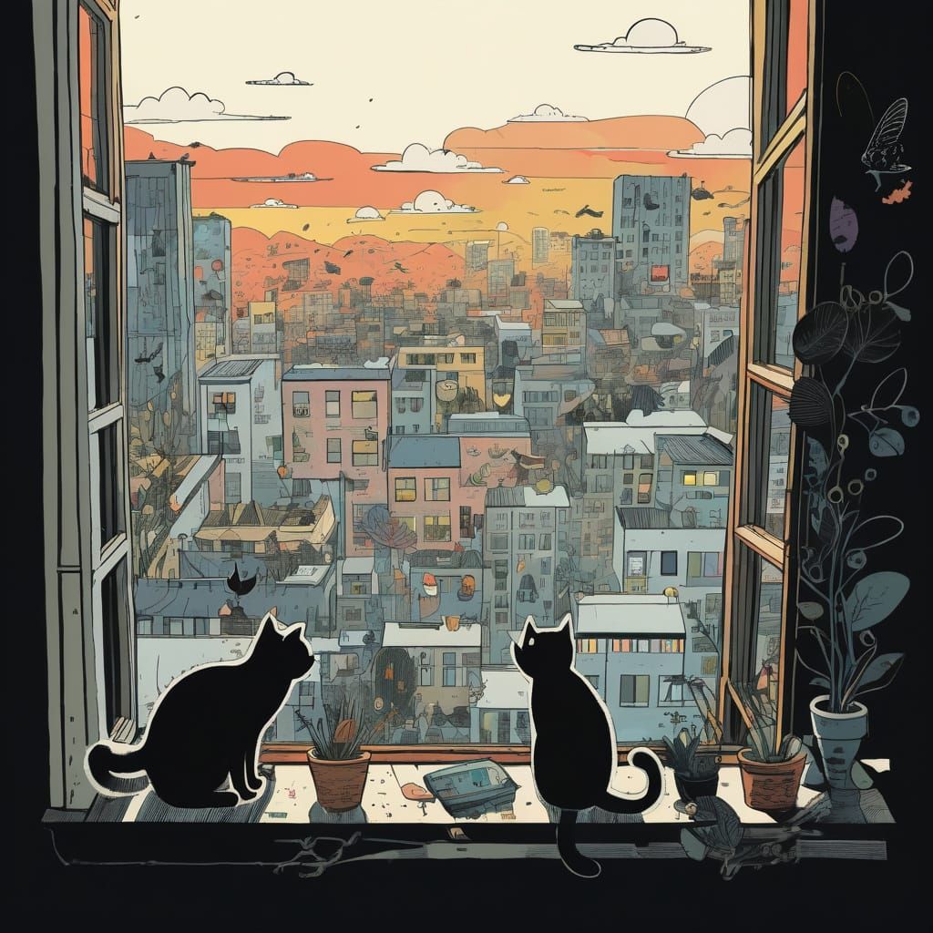Whimsical Felines Soar by a Sunlit Window