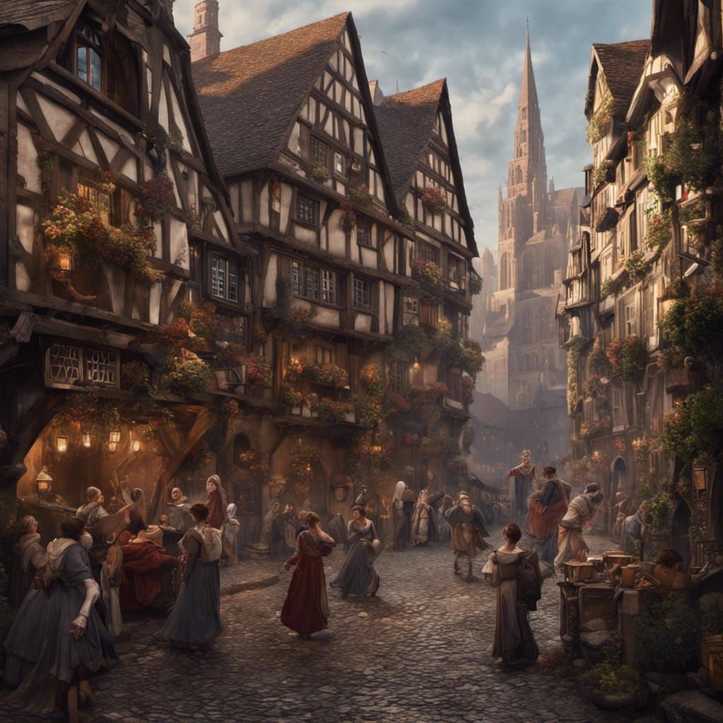 Medieval Strasbourg Street Scene with Dancing Frau Troffea