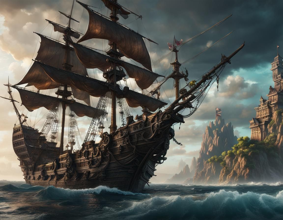Pirate Galleon on Fantasy Sea: Detailed Matte Painting