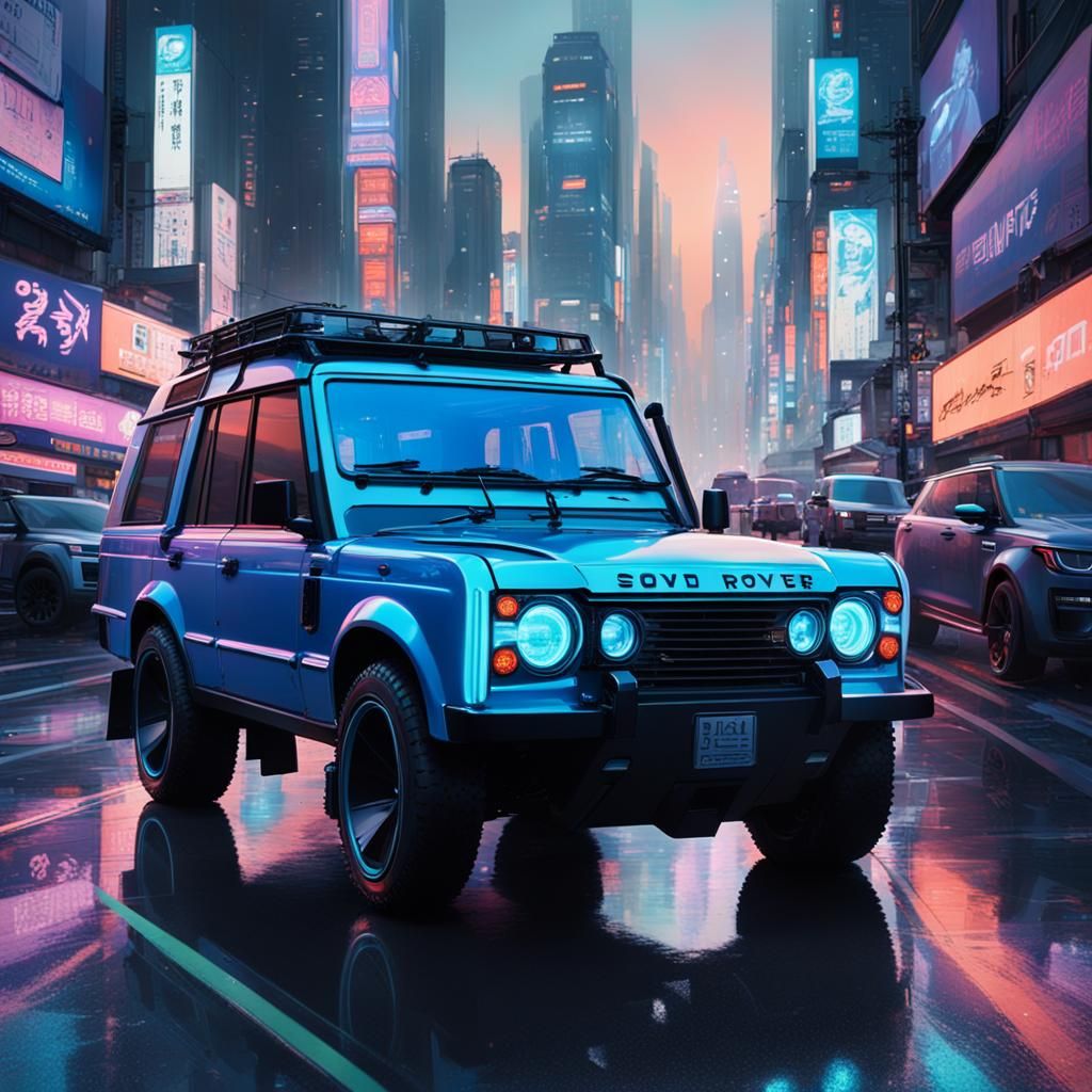 Neon Land Rover Cruises Through Cyberpunk Seoul