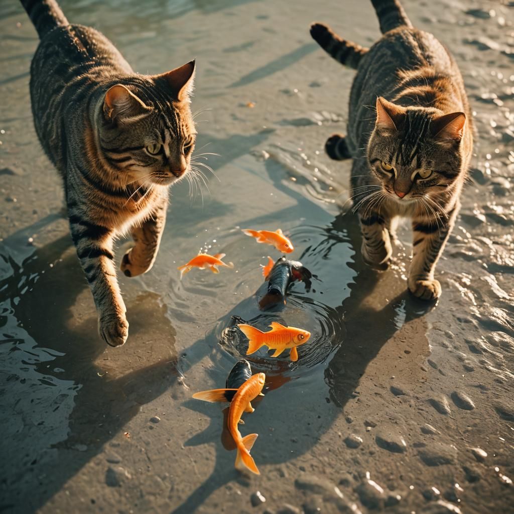 Tabby Cats Play with Toy Fish: Cinematic Film Still