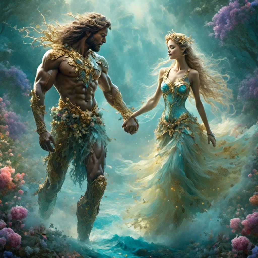 Romantic Centaur Couple in Ethereal Fantasy Landscape