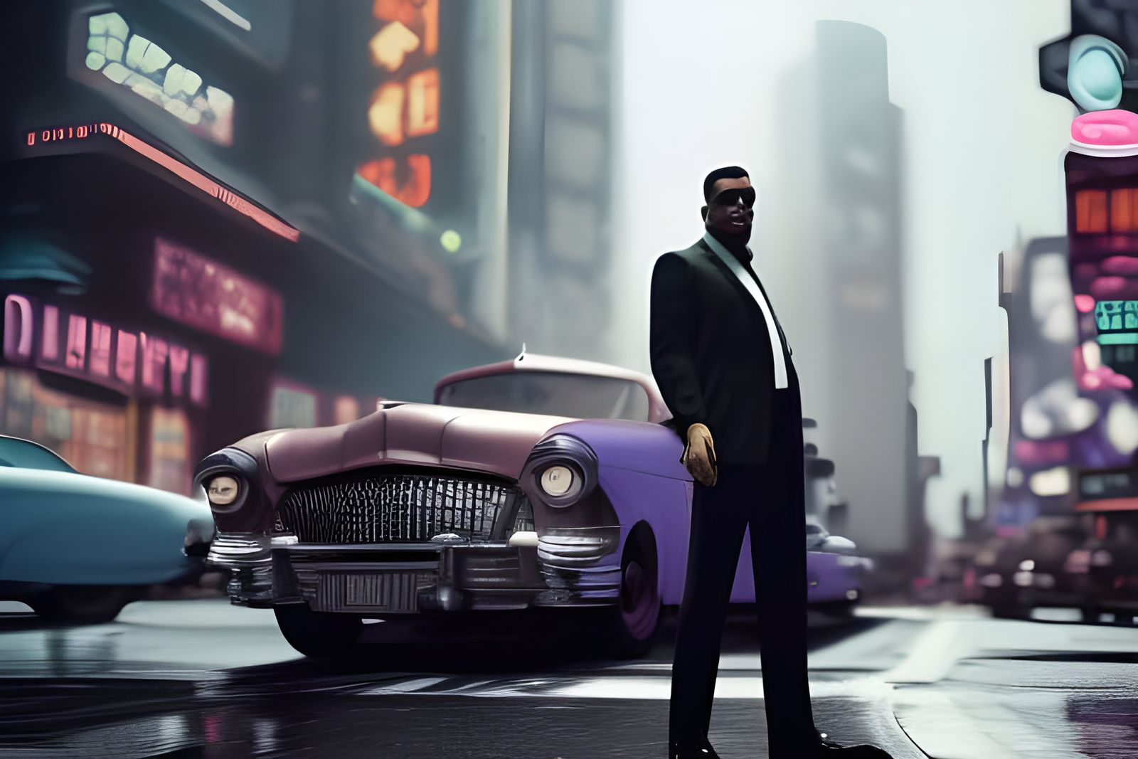 1950s Gangster in City, Neo-Noir Cyberpunk Style