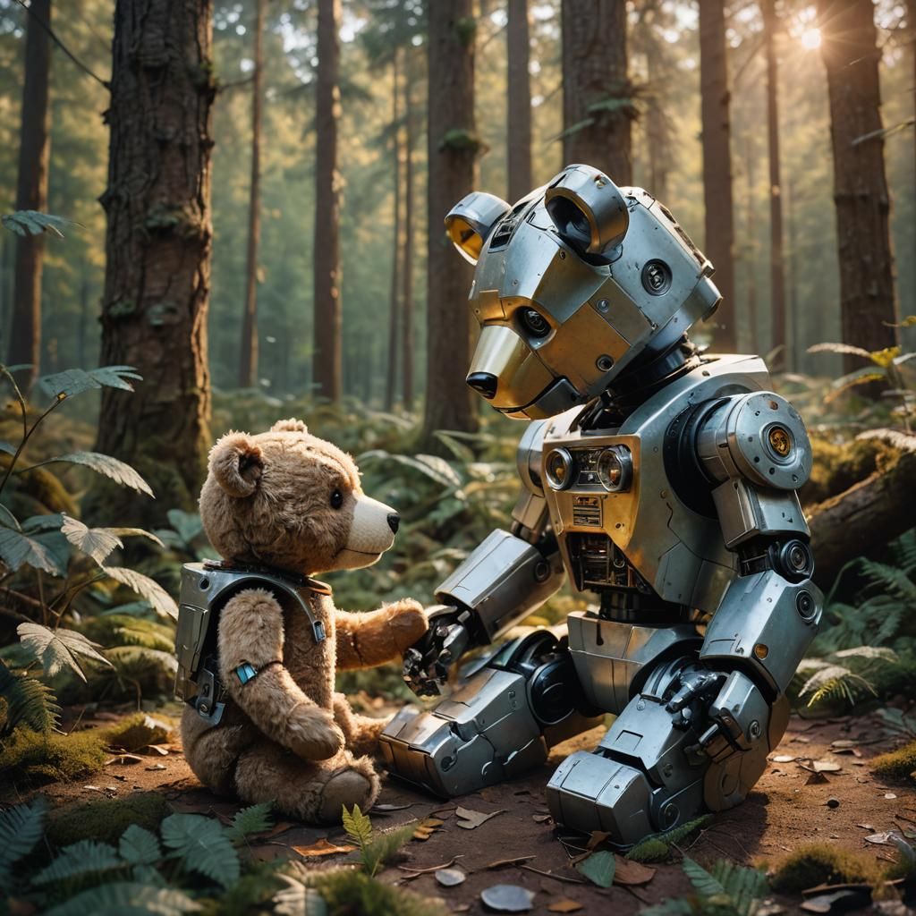 Robot Teddy Bear Meets Old Friend in Forest