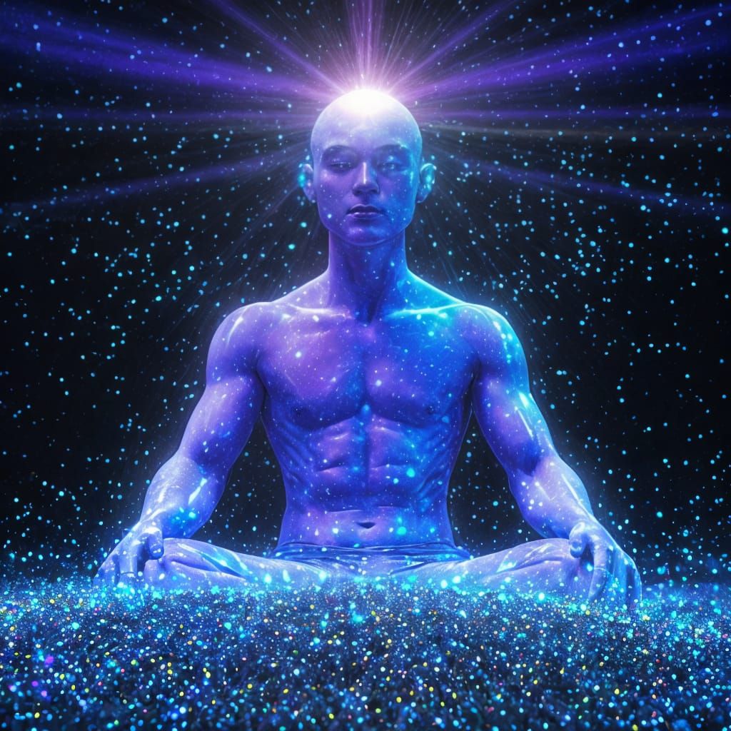 Meditating Figure Radiating Light in Cosmic Scene