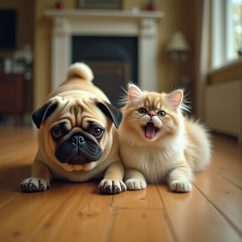 Adorable Dogs and Cats Play Together in Warm Cinematic Light...