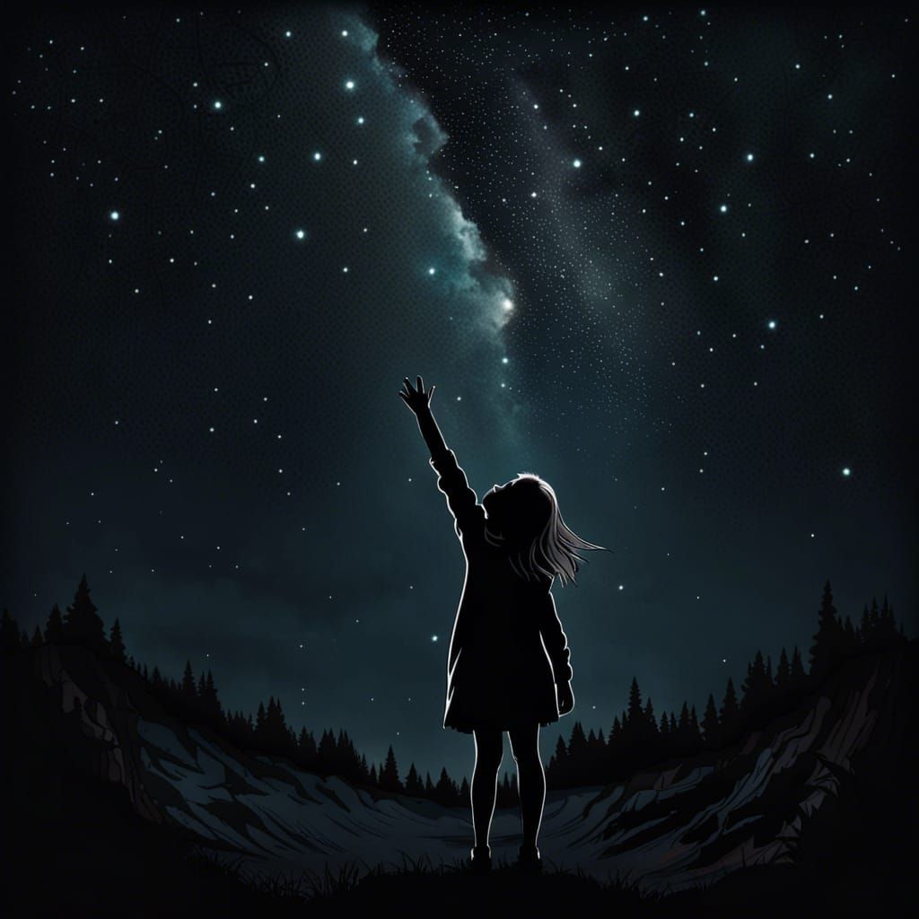 Girl Reaching for Stars in the Dark