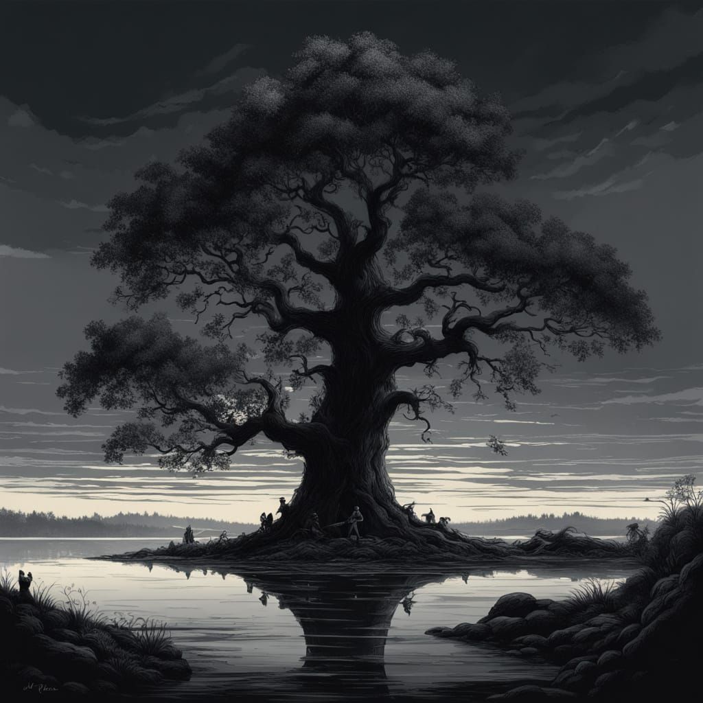 Darkness Descends on a Silhouetted Lake Landscape