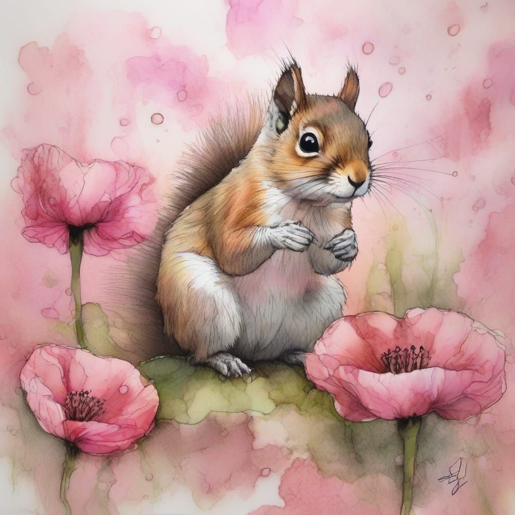 Squirrel in Poppy: Alcohol Ink and Kintsugi Style