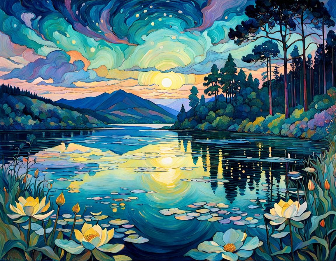 Ethereal Midsummer Night on a Serene Swedish Lake in Intrica...