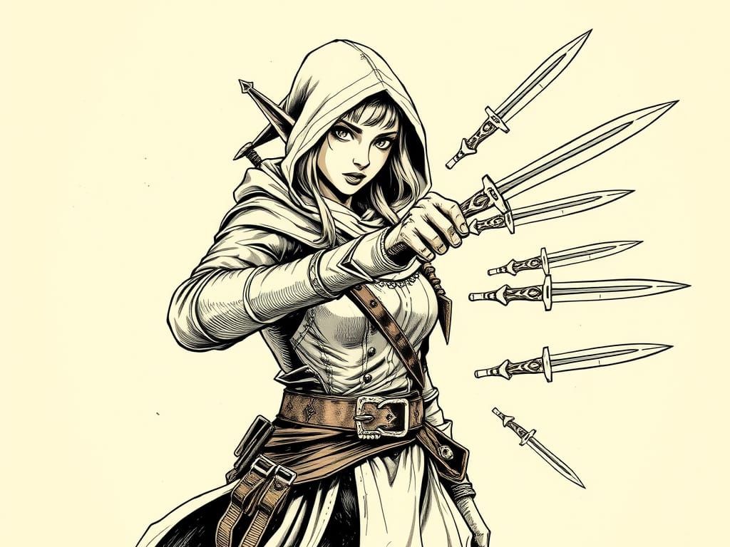 Medieval Fantasy Rogue Elf in Sepia Ink Drawing