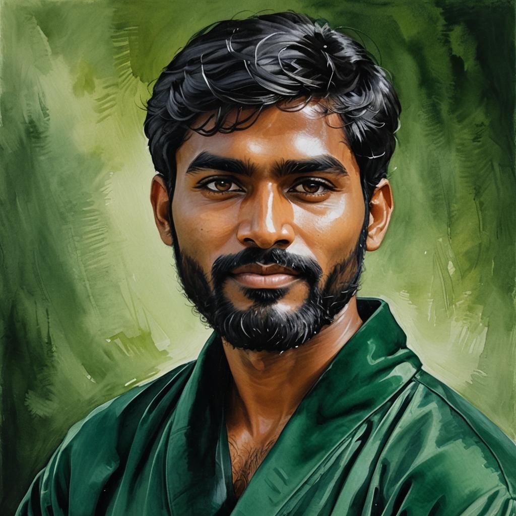 South Indian Man in Emerald Bathrobe, Impressionist Oil Pain...