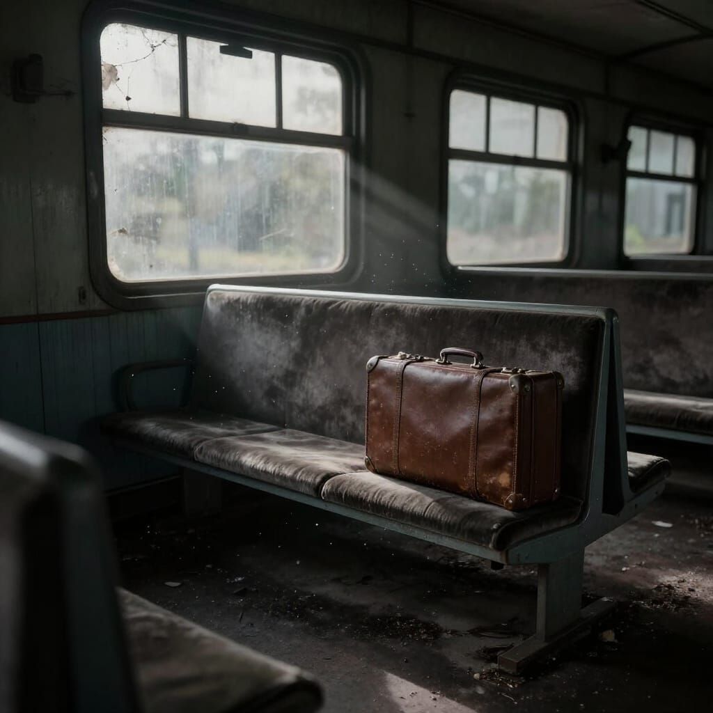 Abandoned Train Station Waiting Room With Suitcase