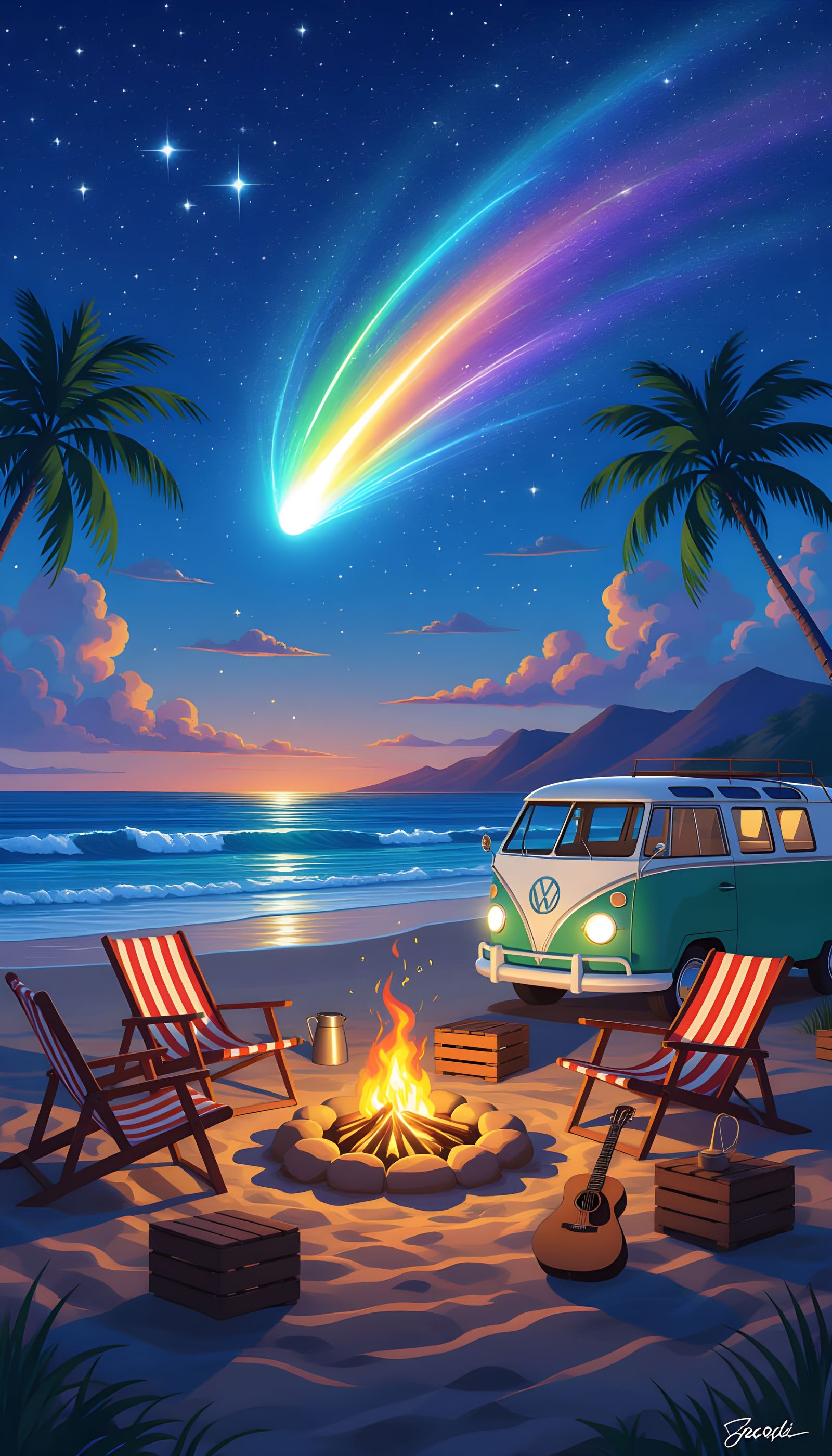 Tropical Beach at Dusk with Comet in Digital Art