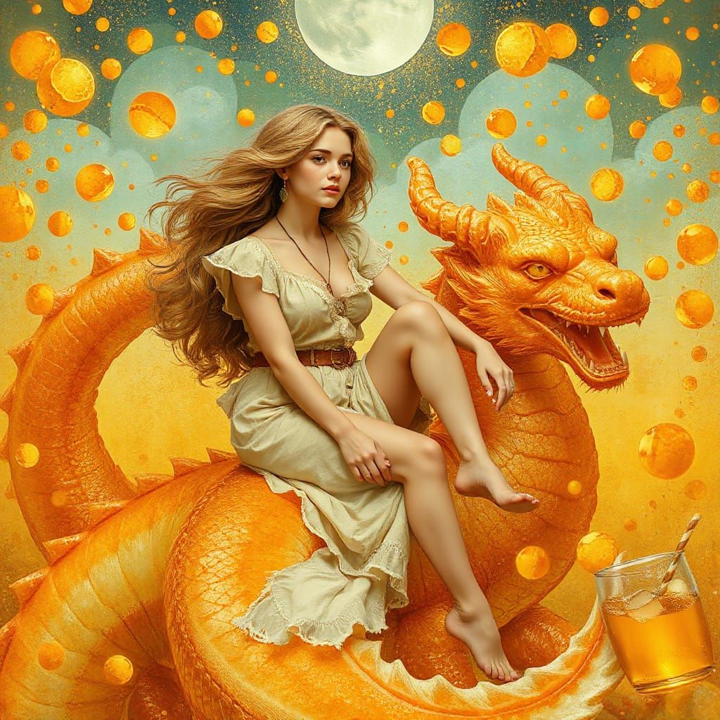Bohemian Woman on Gummy Dragon in Soda Sea
