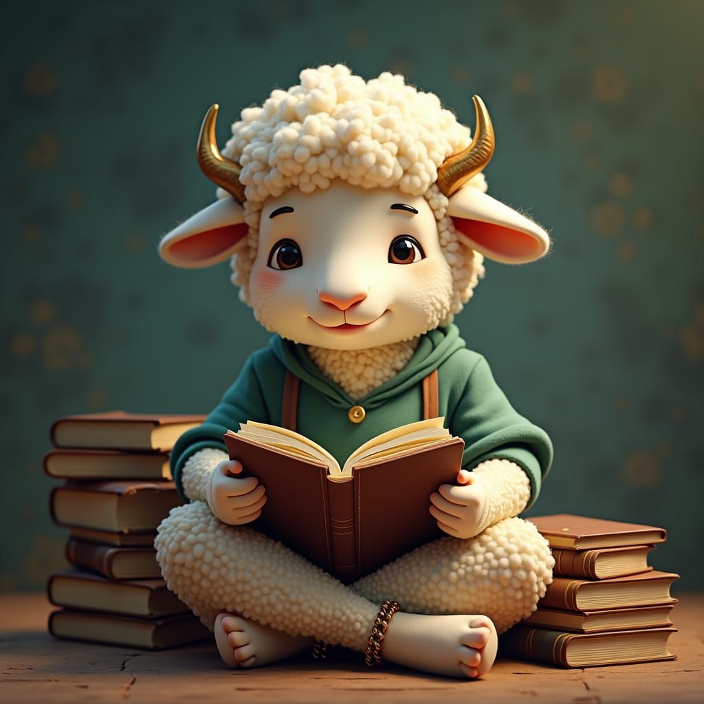 Sheep Reading Novel Surrounded By Books
