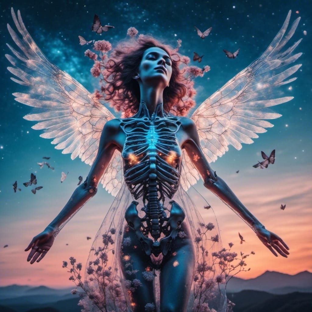 Ethereal Angel with Skeleton Double Exposure