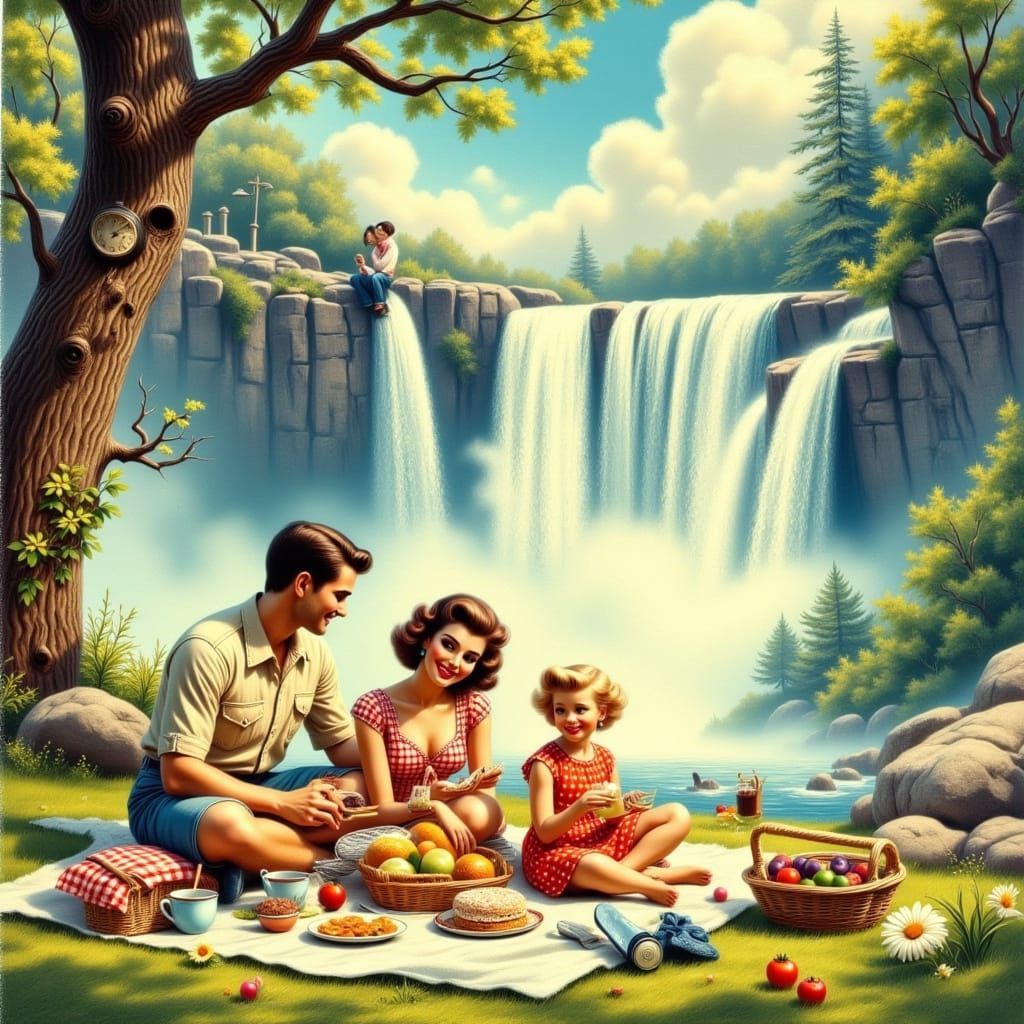 1950s Family Picnics by Waterfall in Vintage Ad Style