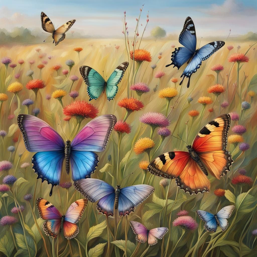 Rainbow Butterflies in a Detailed Field