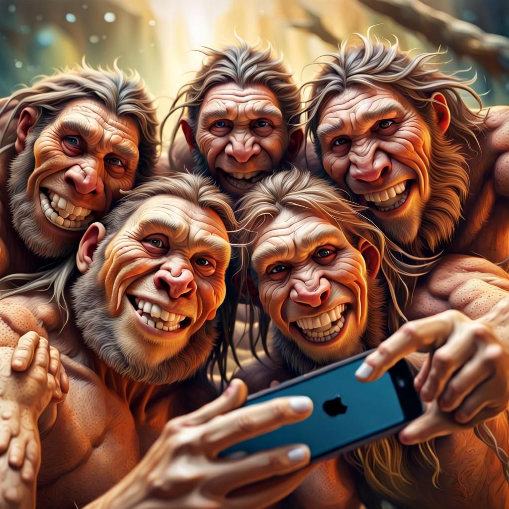 Happy Neanderthal Family Selfie, Detailed Digital Art