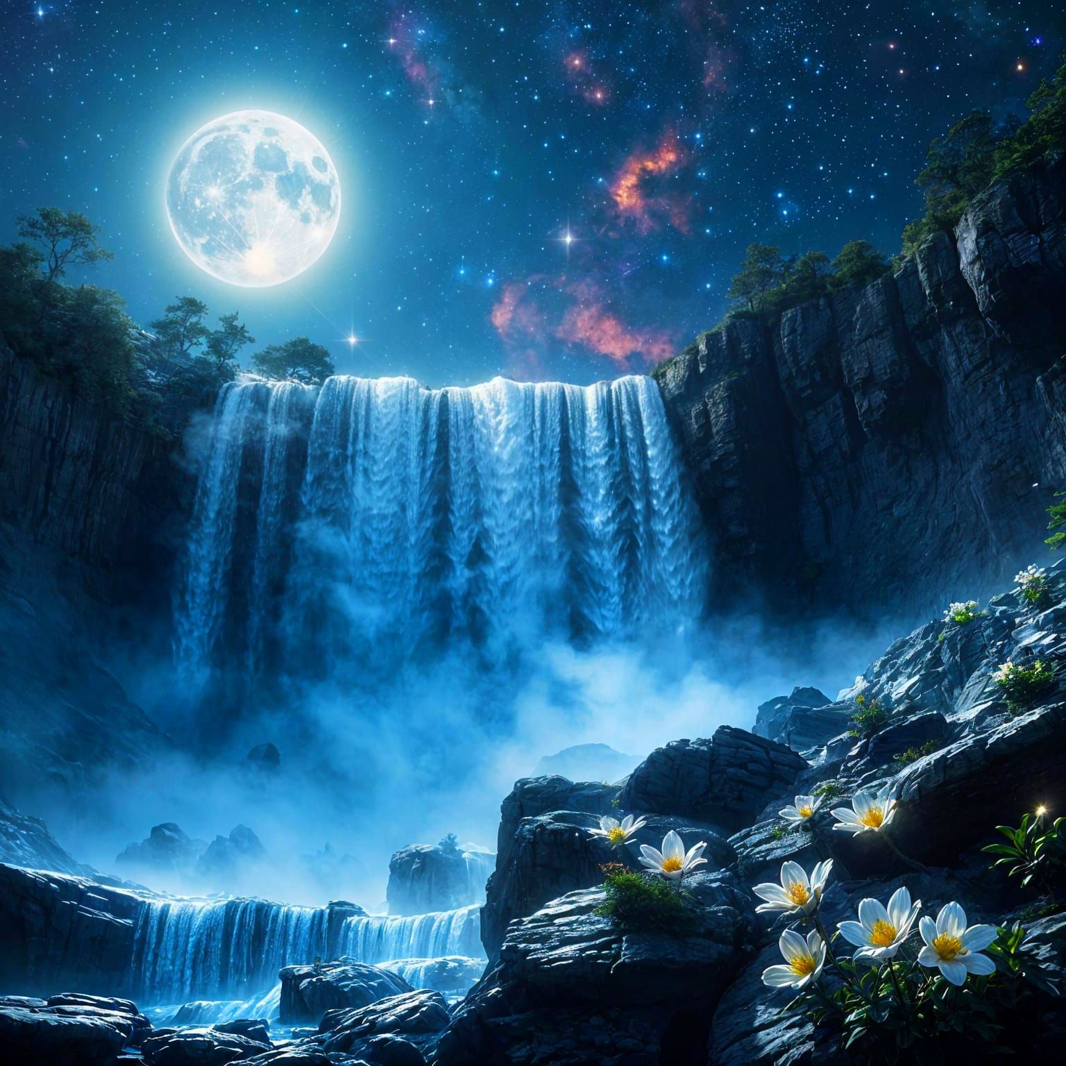Ethereal Nightsky Above Majestic Waterfall