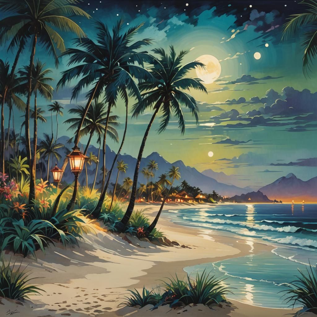 Moonlit Tropical Beach with Luminescent Accents