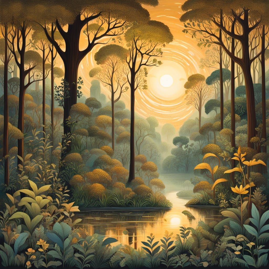 Mystical Golden-Hour Forest in Naïve Style