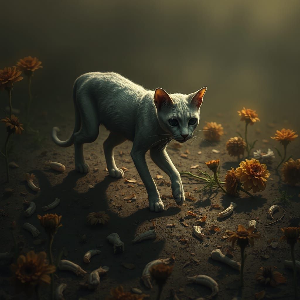 Eerie Pale Cat in Decaying Flower Field