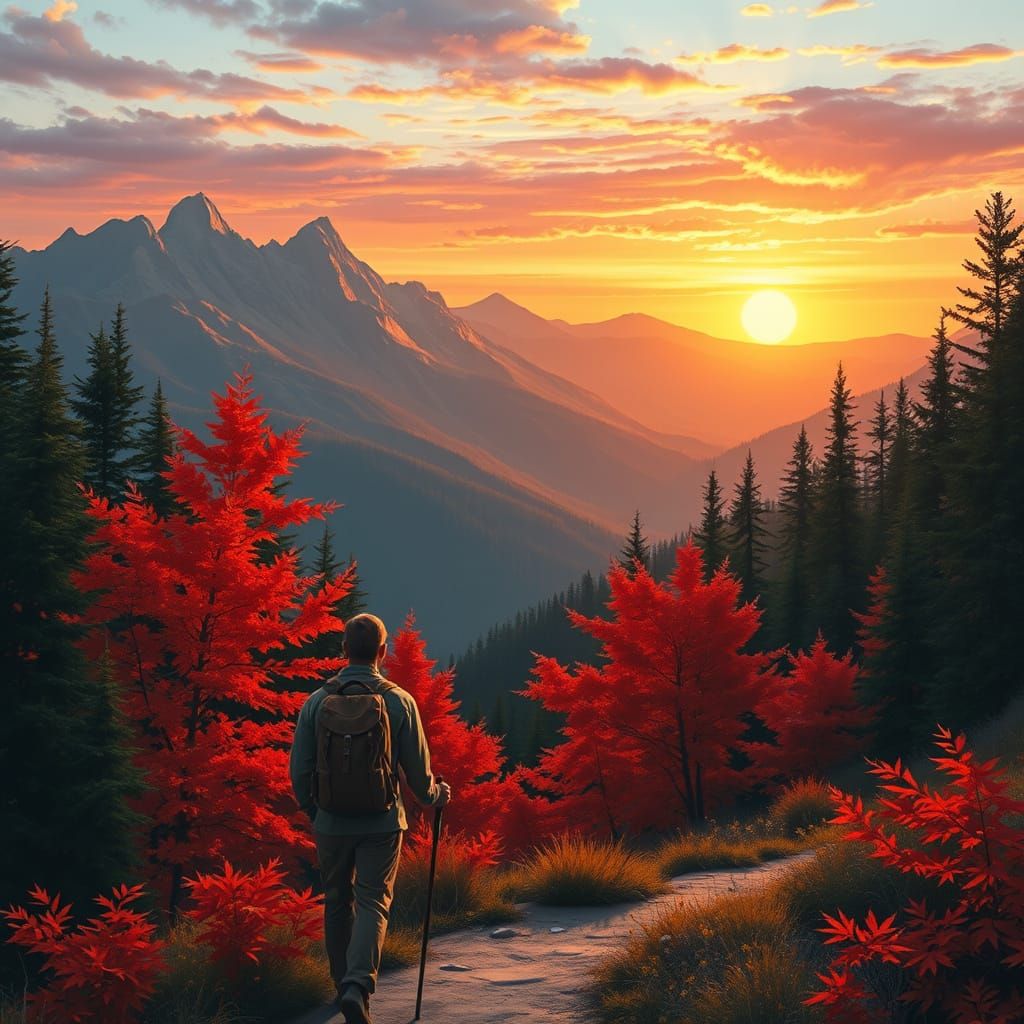 Serene Autumn Forest Landscape with Lone Hiker