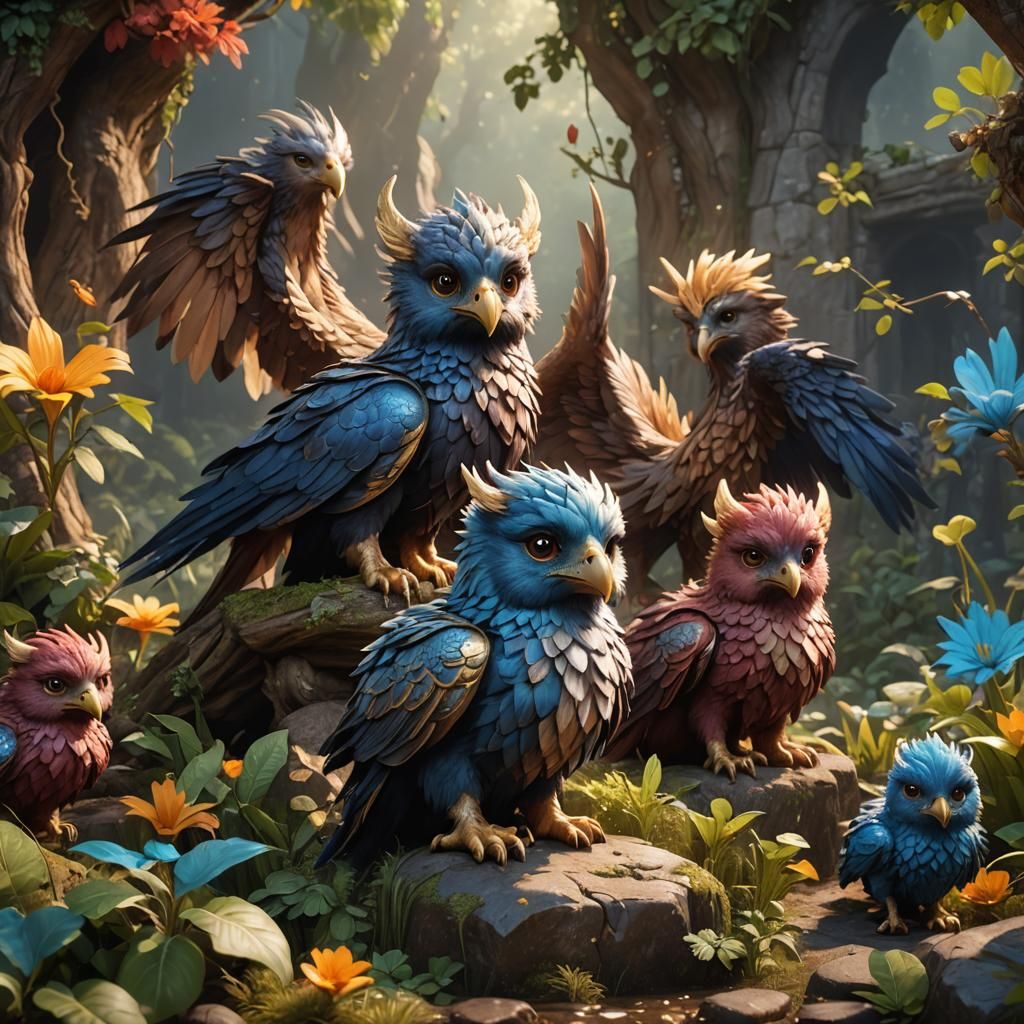 Adorable Baby Griffins in Detailed Matte Painting