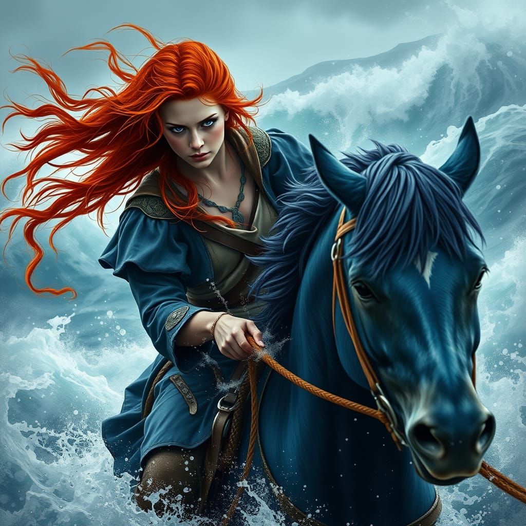 Epic Fantasy Warrior Rides Stormy Seas on Majestic Blue Hors...
