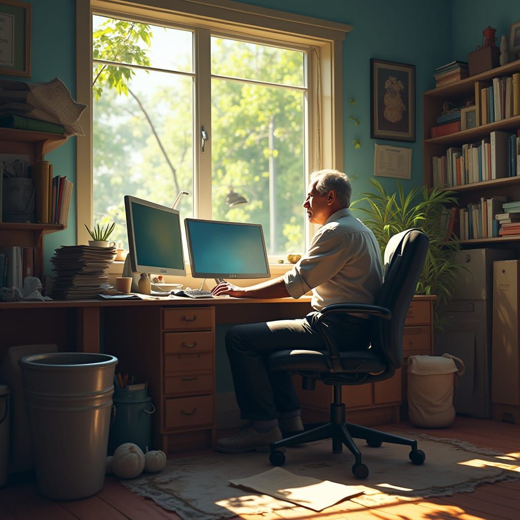 Man at Desk in Matte Painting Style