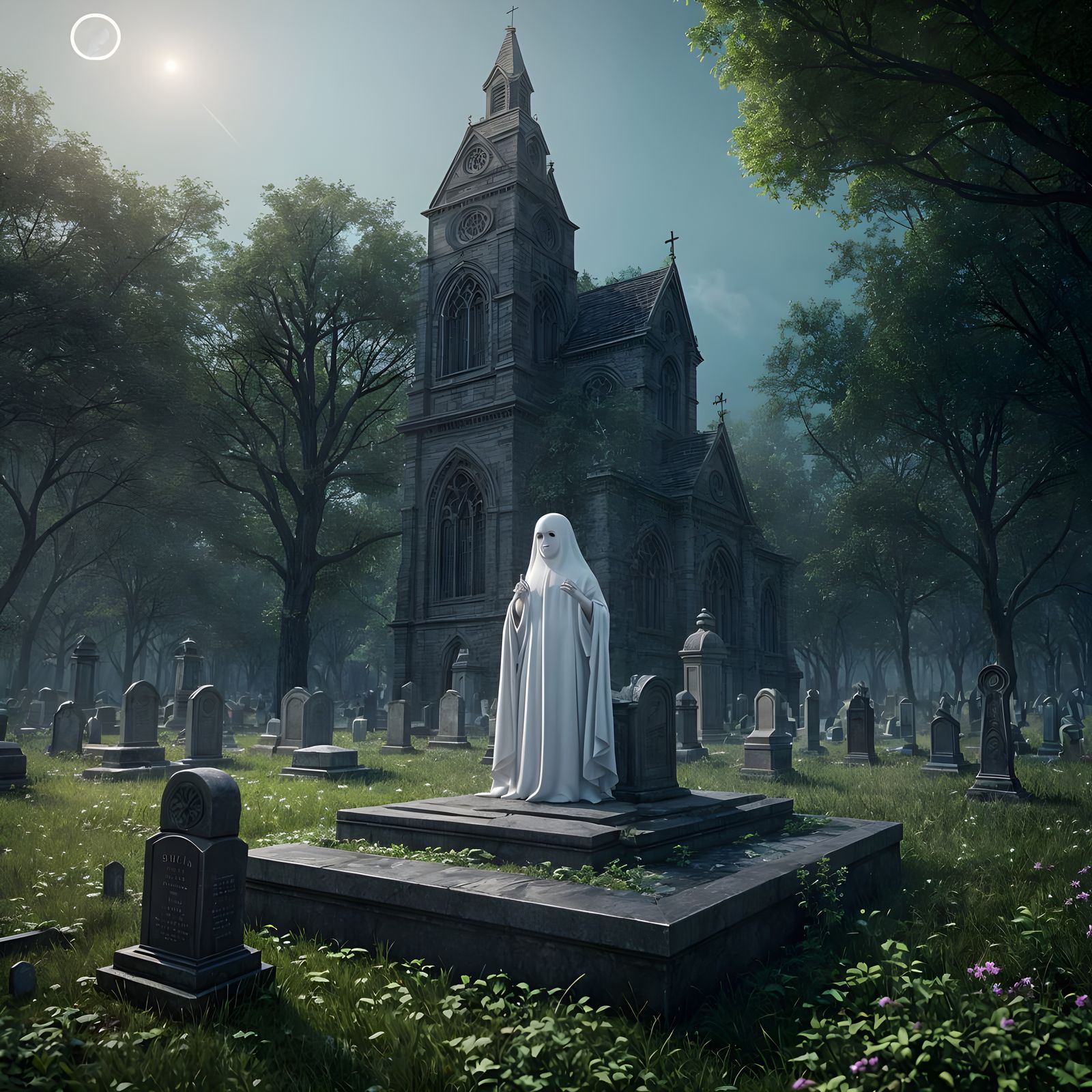 Ethereal Ghost Lingers in Twilight Landscape