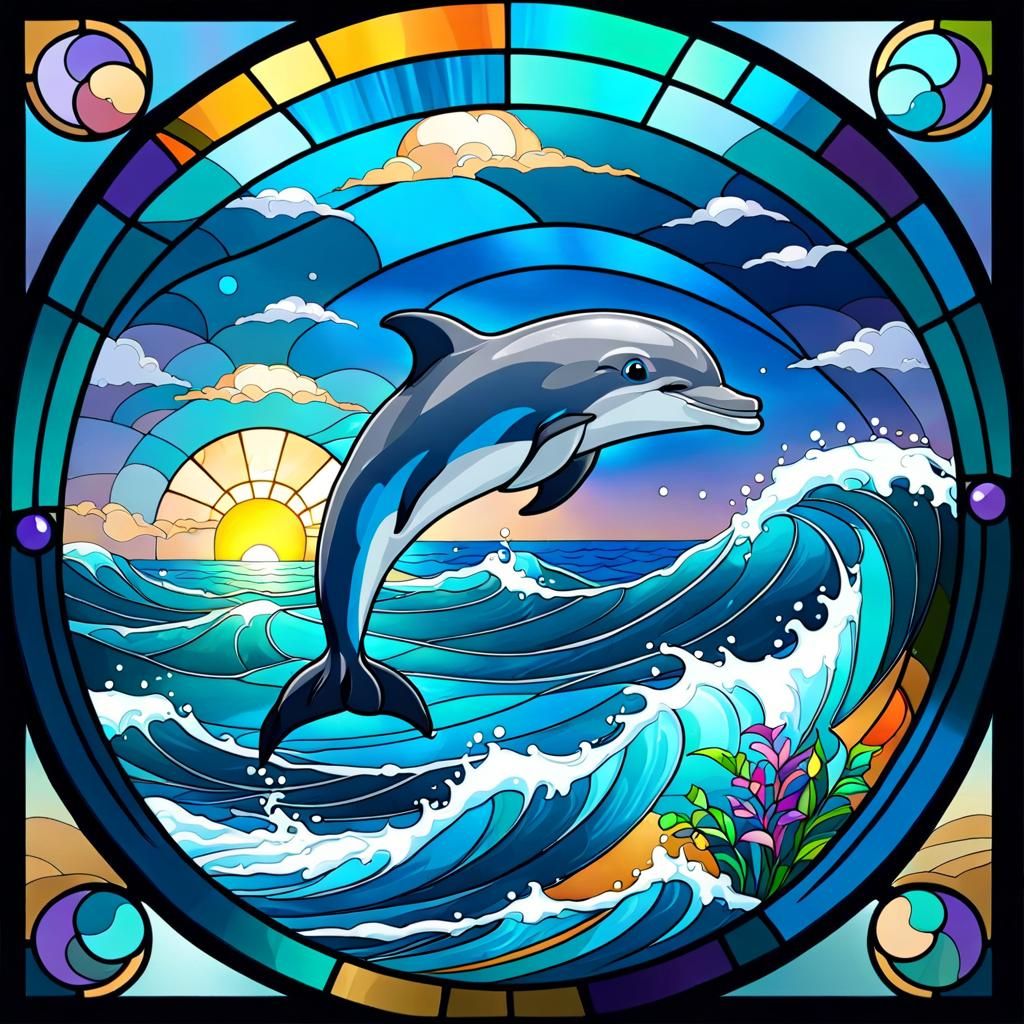 Dolphin Leaping in Stained Glass Style