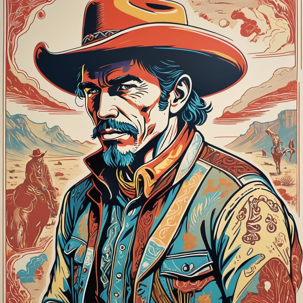 Cowboy Screen Print with Vibrant Details