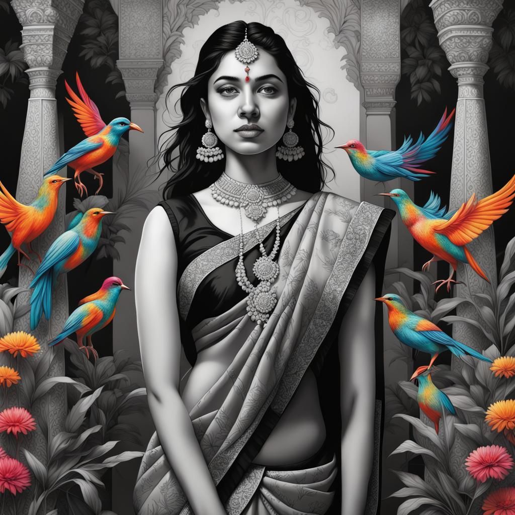 Indian Woman in Sari with Colorful Birds