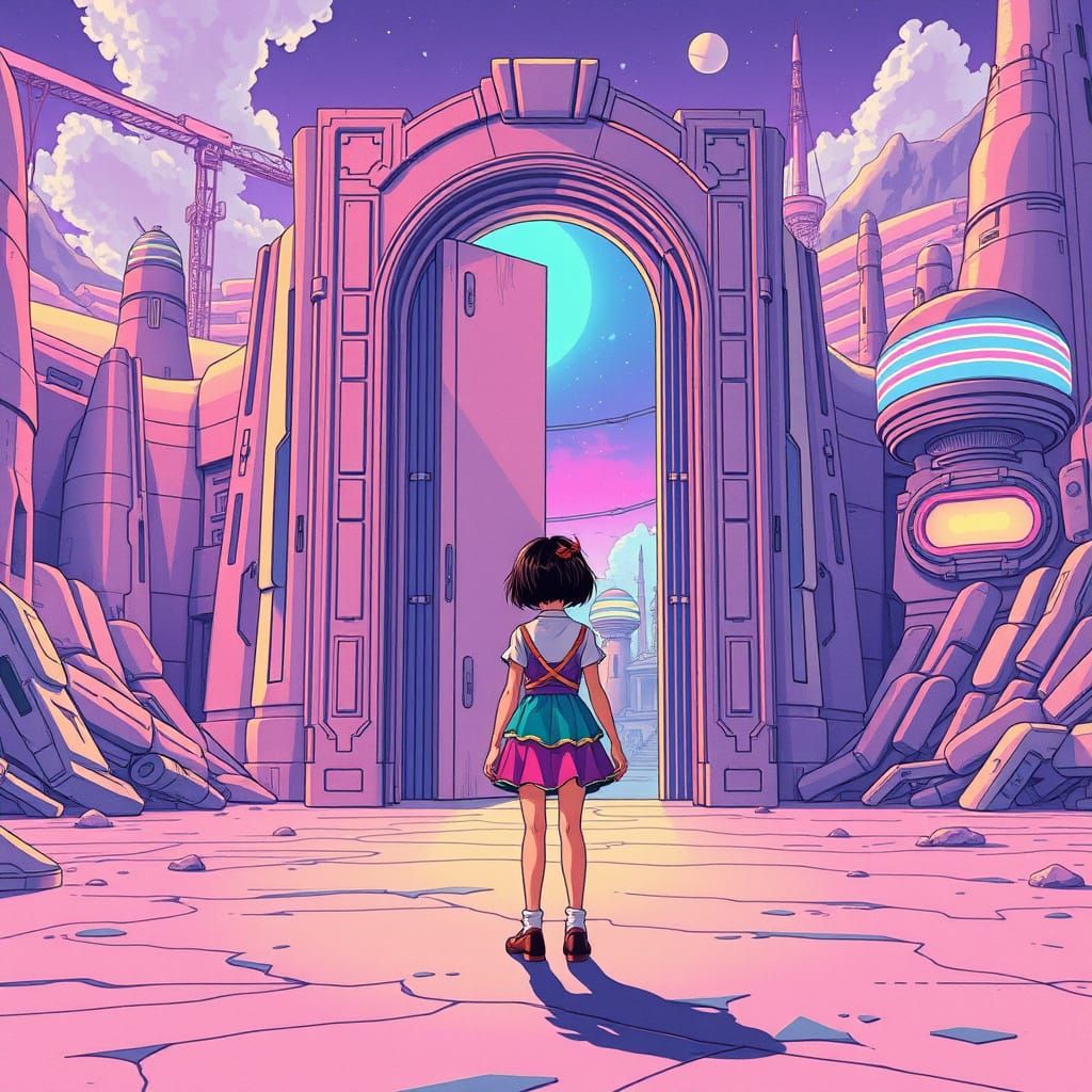 Anime Girl Meets Surreal Doors in Whimsical Landscape